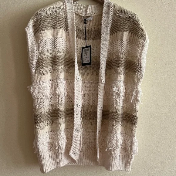 NWT $659 Peserico Striped Cardigan Vest Cream Tan Gold Sequin Italy Size 48 US12 - Picture 10 of 11